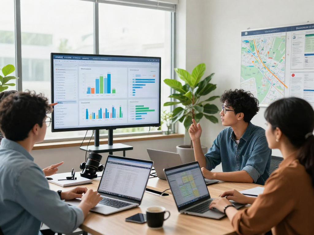 Collaborative team analyzing depo 10k logistics data in a modern fleet management office.