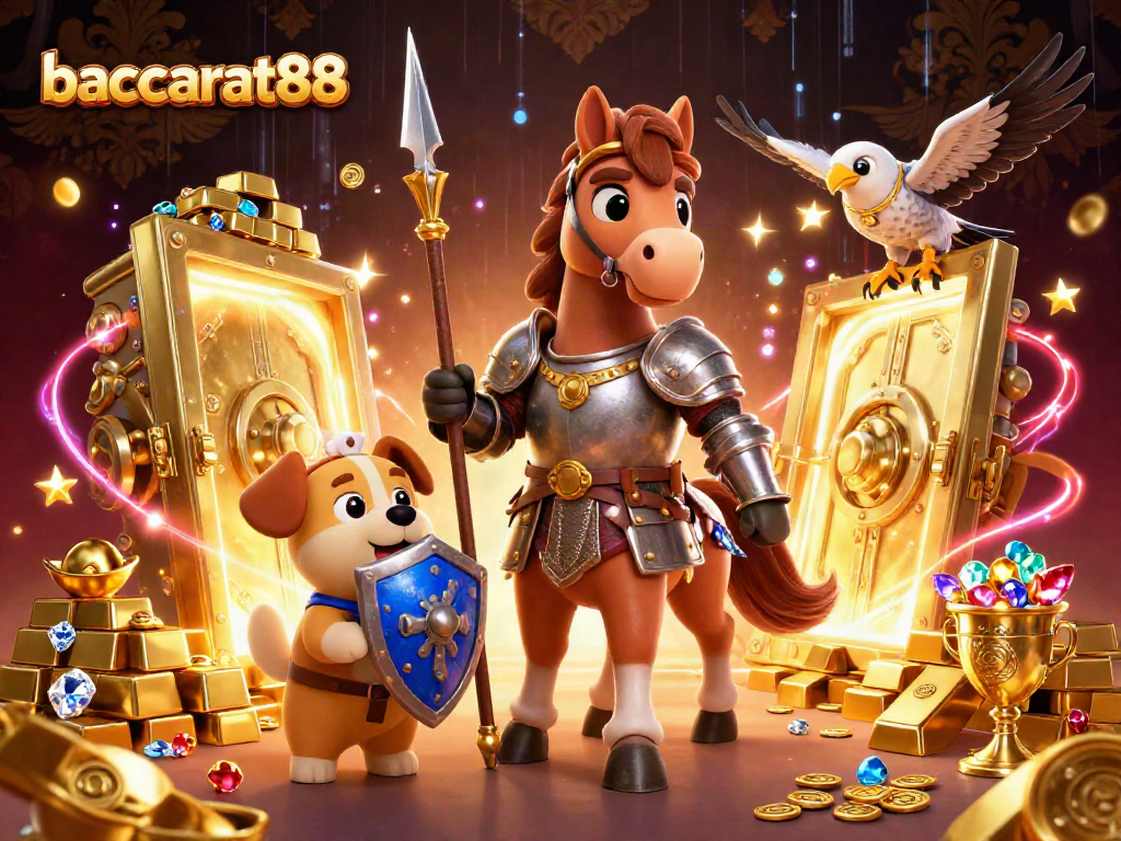 Baccarat88 showcases a medieval knight, squire puppy, and falcon in a rich casino scene filled with treasures and vibrant effects.