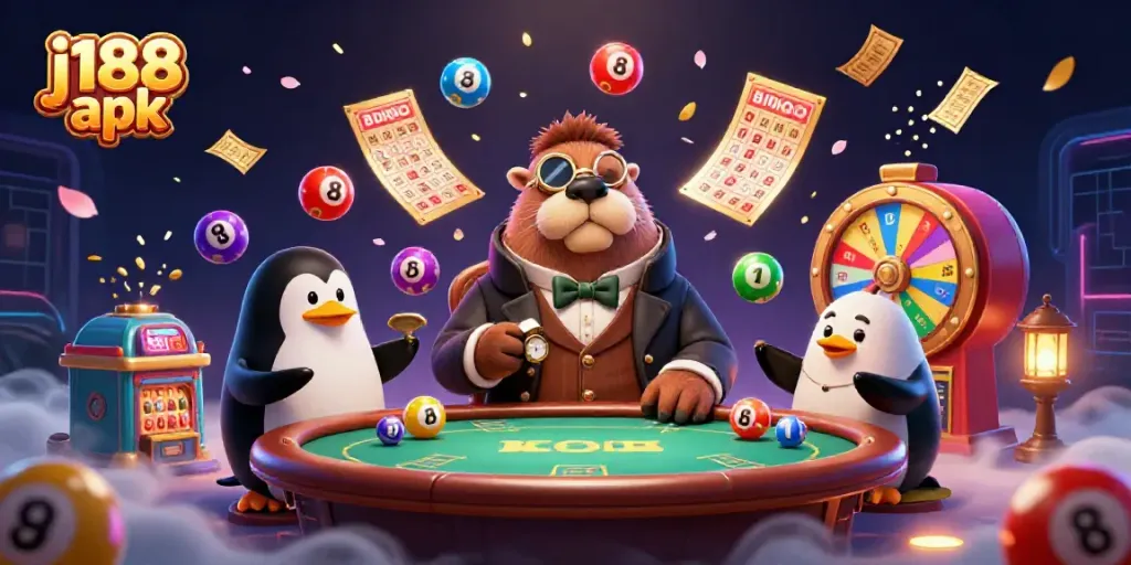 Engage in a dynamic gambling scene with j188 apk featuring a walrus, penguin dealer, and a bluffing pufferfish surrounded by vibrant lottery elements.