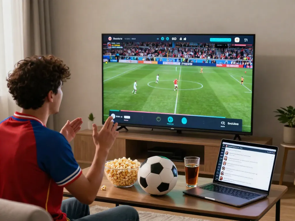Excited fan enjoying live soccer match via Socolive in cozy living room.