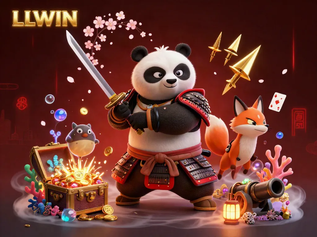 Experience LLWIN's vibrant casino scene with a samurai panda, ninja fox, and tanuki amidst treasures.