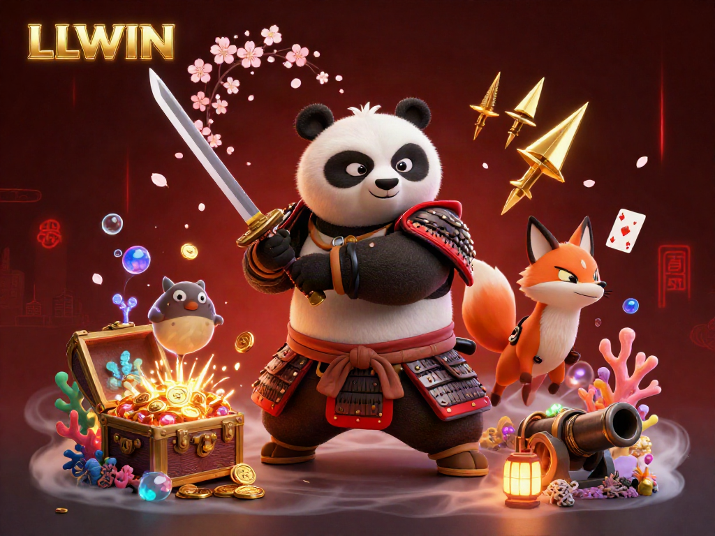Experience LLWIN's vibrant casino scene with a samurai panda, ninja fox, and tanuki amidst treasures.