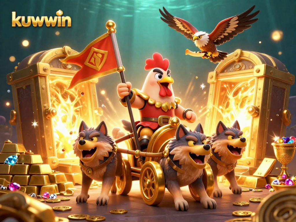 Bet on riches with kuwwin as the rooster warlord leads the golden treasure hunt in this vibrant casino scene.