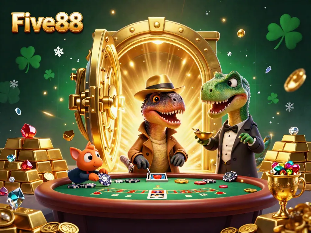 Experience the thrill at Five88 with a cartoon velociraptor card counter amidst gold treasures at a lively casino.