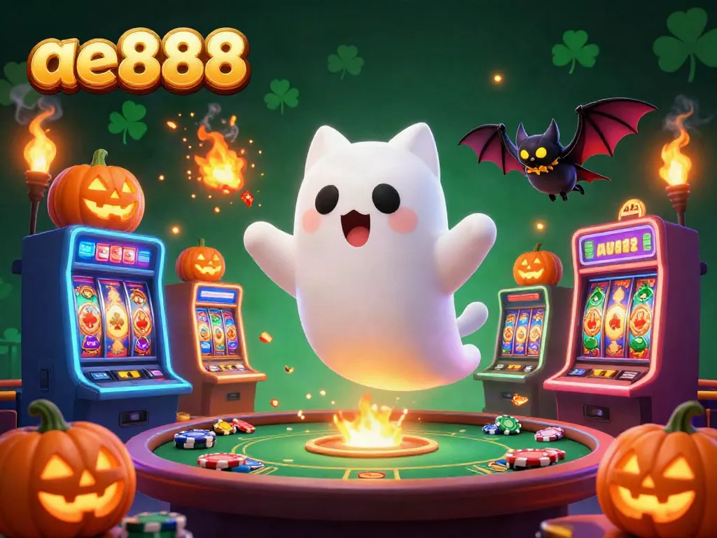 Engage with ae888's vibrant casino adventure featuring a friendly ghost cat and striking game elements.