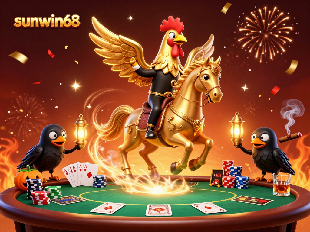 Experience the excitement of sunwin68 with a golden rooster and casino ambiance.