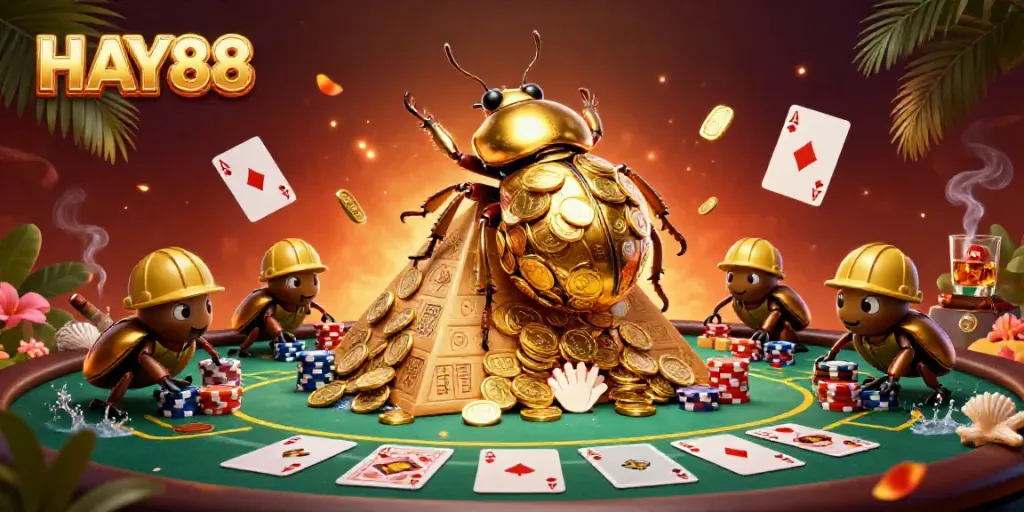 Engage with HAY88's vibrant casino action featuring golden beetles in a dynamic gaming scene.