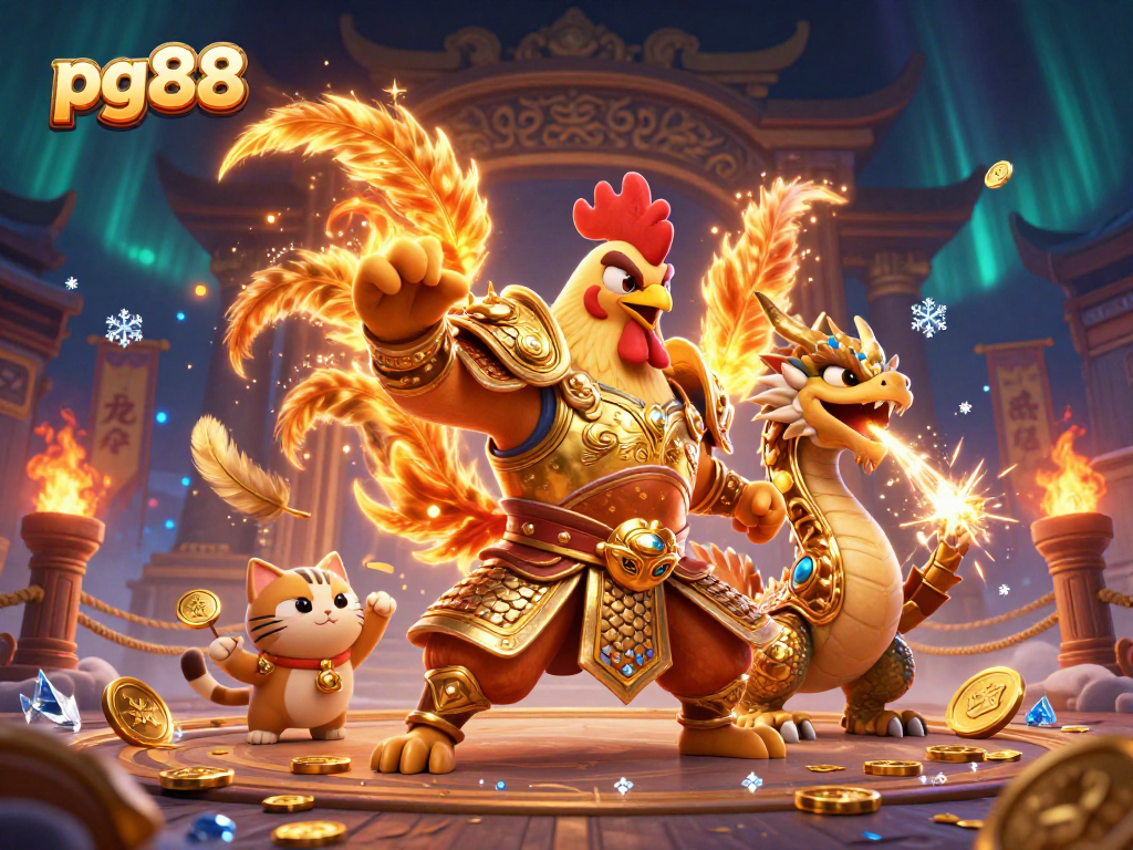 Engage in thrilling gameplay with pg88, featuring a fierce rooster warrior and dragon amidst golden casino elements.