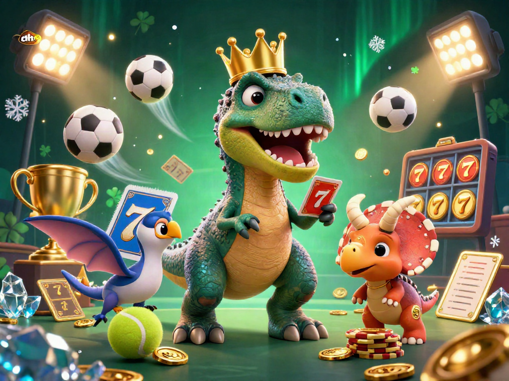Alo789 showcases a T-Rex shuffling cards while its pals assist in a vibrant casino scene full of action.