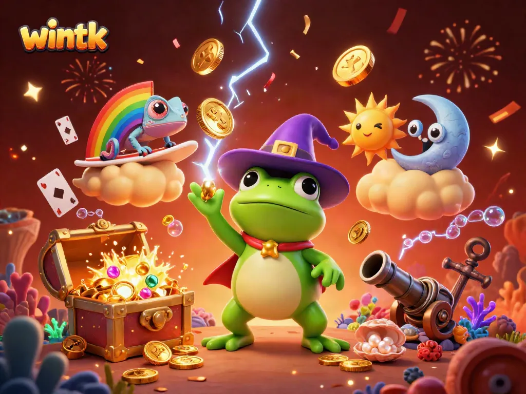 Experience the thrill of wintk through a dynamic illustration of a wizard frog and vibrant characters amidst energetic casino elements.