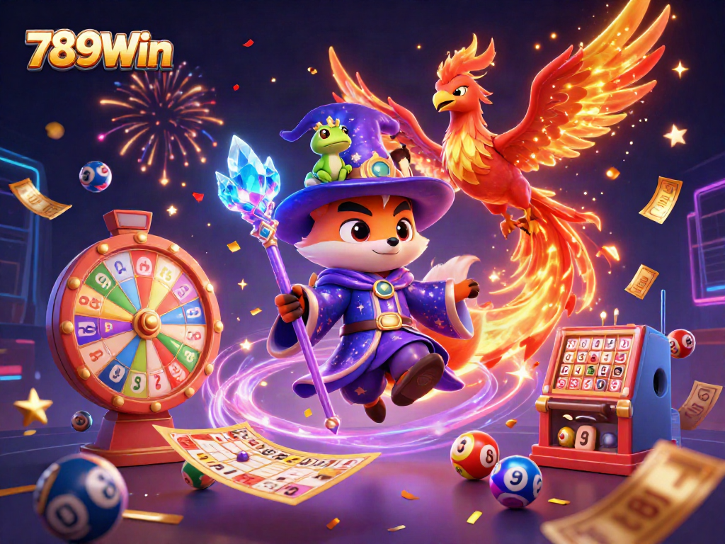 Experience the excitement of 789Win with a wizard fox, phoenix, and casino games in vibrant 3D.