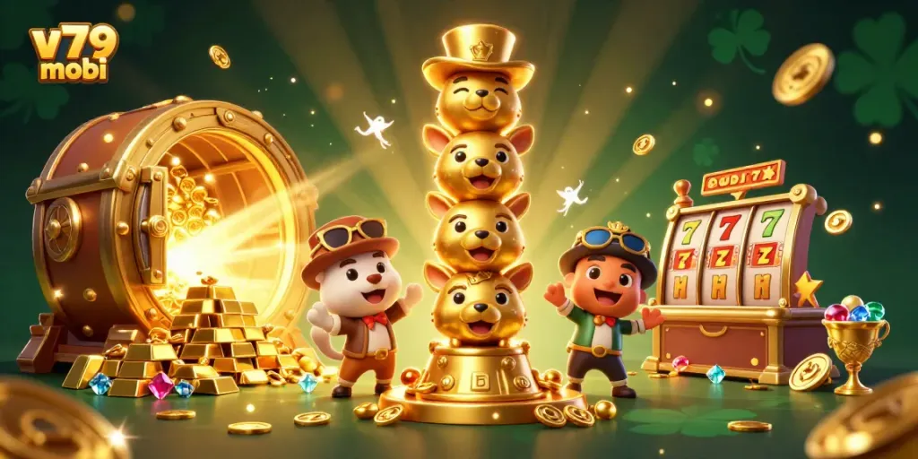 Win big with v79 mobi in this vibrant casino-themed illustration filled with golden treasures.