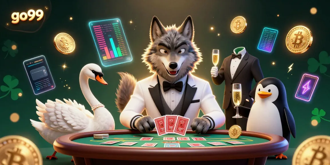 Engage in thrilling play at go99 with a wolf and swan at a baccarat table, surrounded by dynamic crypto elements.