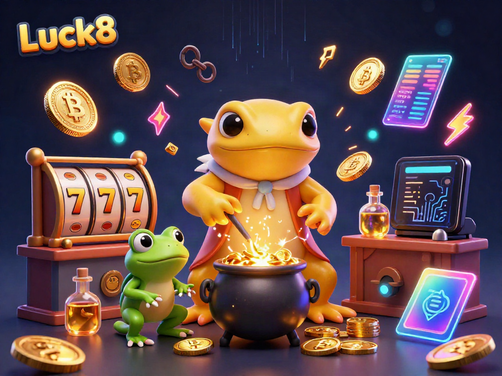 Experience the vibrant Luck8 casino with golden creatures and slot machines amid dazzling crypto elements.