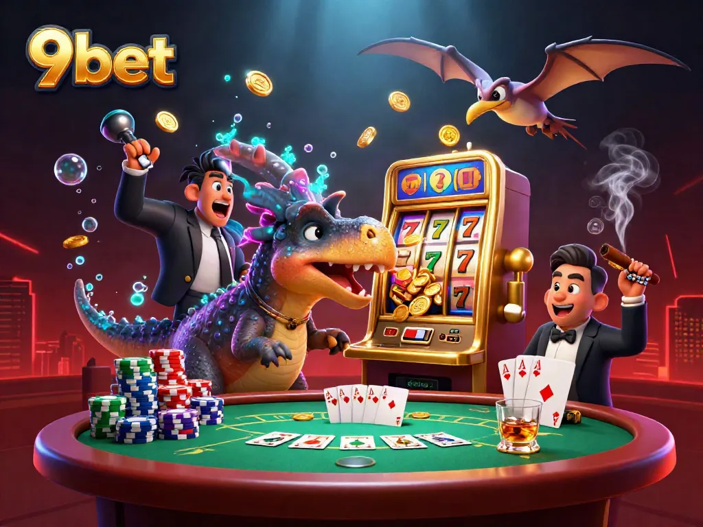 Engaging scene of 9bet featuring cartoon dinosaurs interacting with slot machines and casino elements, showcasing dynamic action.