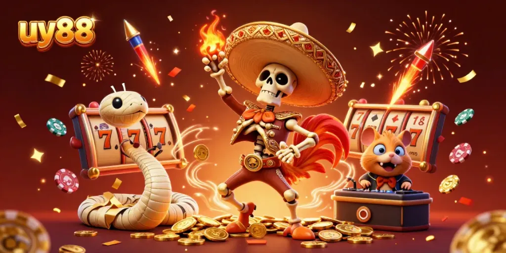 Experience the excitement of uy88 with a skeleton mariachi dancing on golden coins amidst a dynamic casino scene.