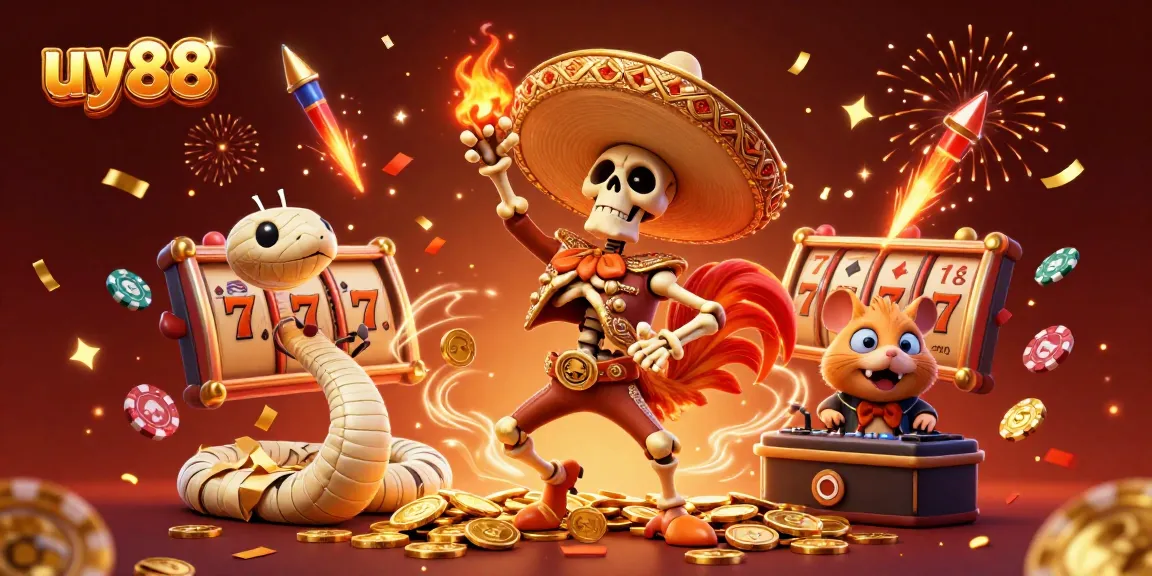 Experience the excitement of uy88 with a skeleton mariachi dancing on golden coins amidst a dynamic casino scene.