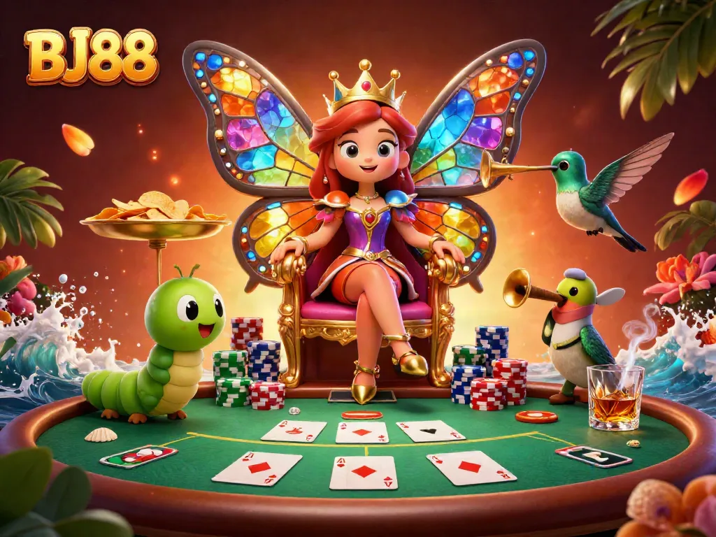 Experience the excitement of BJ88 with a vibrant 3D illustration featuring a butterfly queen amidst poker elements.