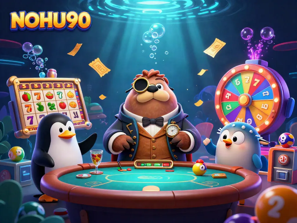 NOHU90 showcases vibrant slot machines and characters engaged in thrilling underwater poker.