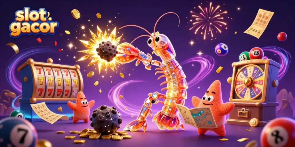 Experience the excitement of slot gacor with a galactic mantis shrimp amidst gold and gems.