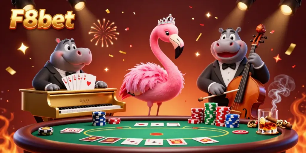 Experience the vibrant excitement of F8bet's casino scene with a flamingo singer and hippo bassist.