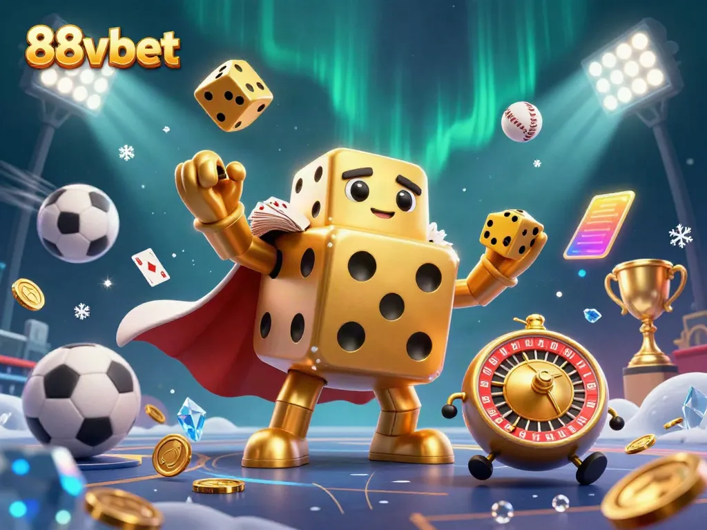 Engage with 88vbet through a thrilling 3D scene of a golden dice golem and sports elements