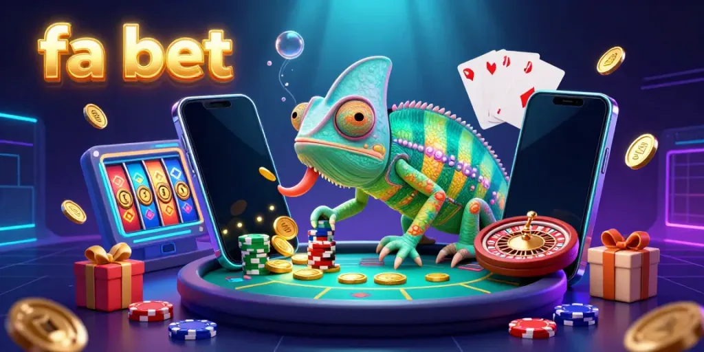 Engage with fa bet in a vibrant 3D casino scene featuring a chameleon owner and dynamic gaming elements.