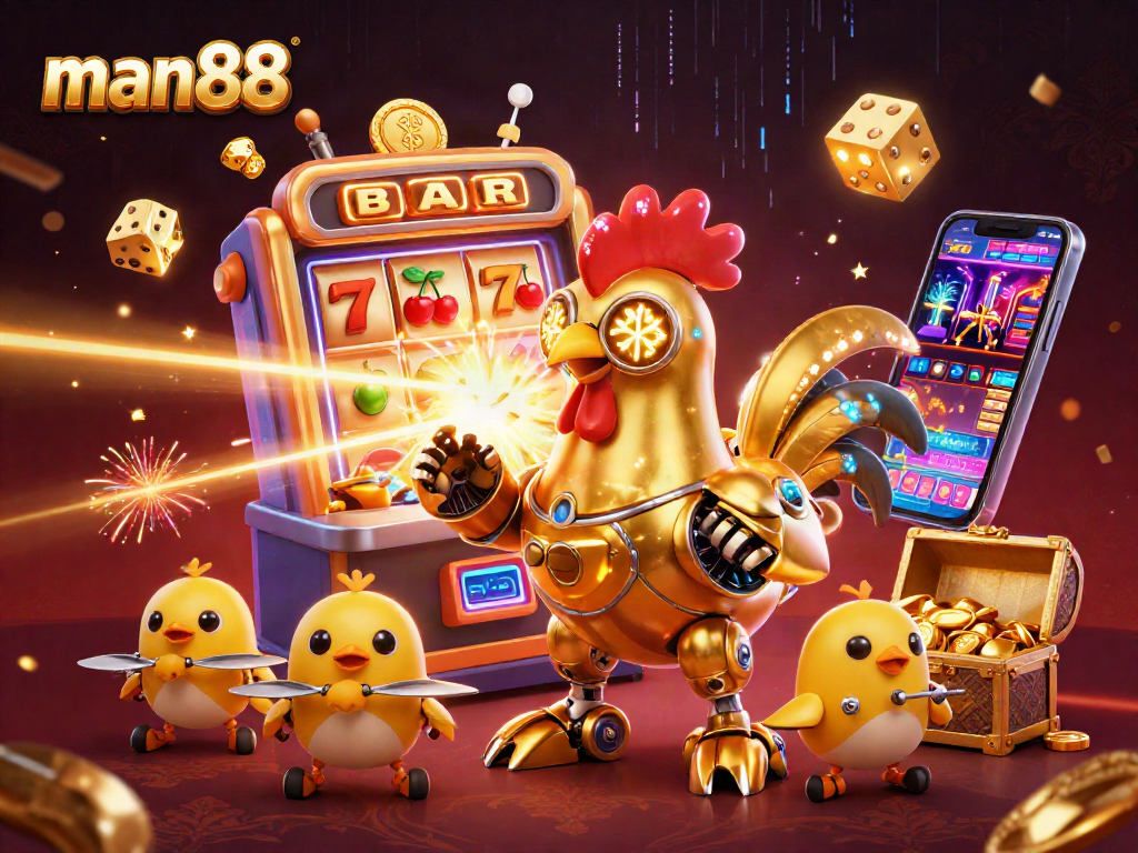 Experience the thrill of gameplay with man88's golden rooster robot and jackpot excitement.