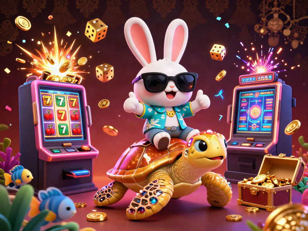 Experience the thrilling gameplay of Tài xỉu md5 while enjoying a vibrant scene featuring a lucky rabbit and a golden turtle.