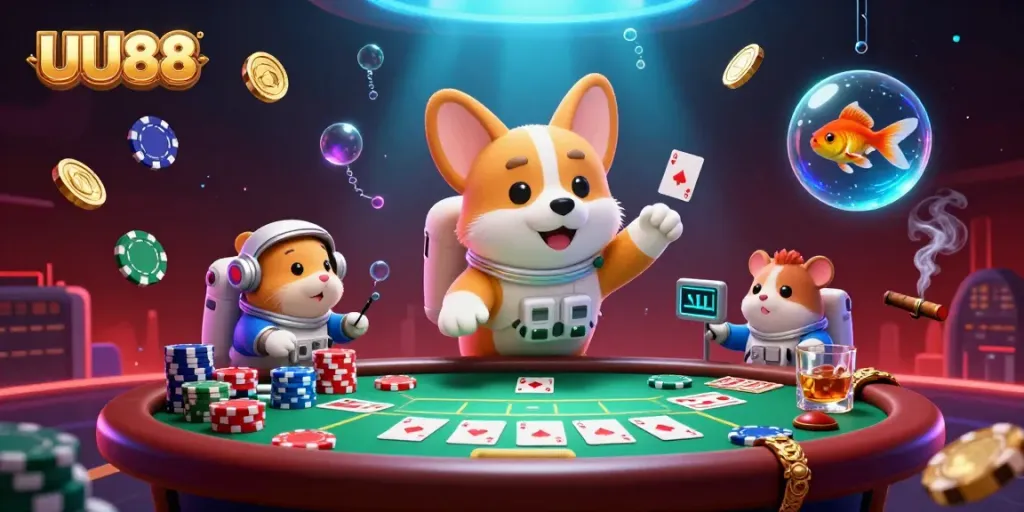 Experience exciting gameplay at UU88 with a vibrant casino scene featuring a cartoon astronaut corgi in outer space.