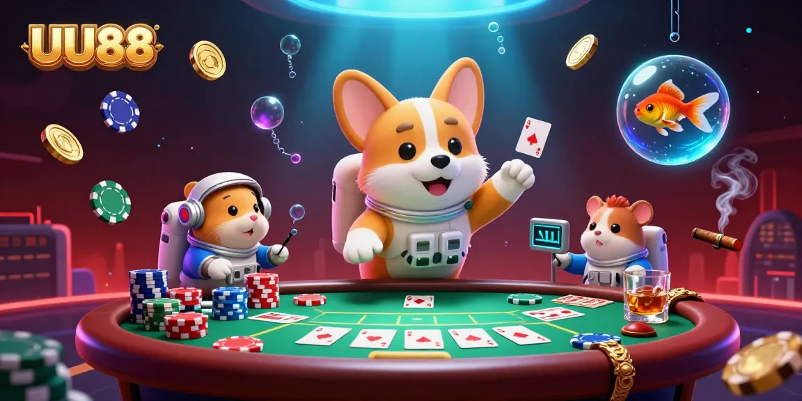 Experience exciting gameplay at UU88 with a vibrant casino scene featuring a cartoon astronaut corgi in outer space.