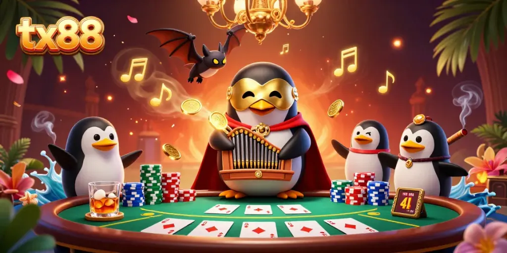 Engage in thrilling action with TX88 as the animated penguin plays the organ, coins fly, and poker elements are everywhere.