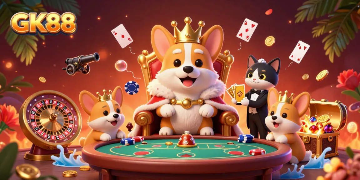 GK88's royal corgi on a poker chip throne amidst dynamic gaming elements and a glamorous backdrop.
