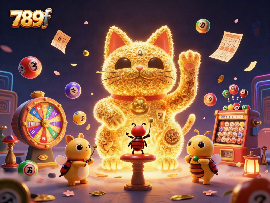 Engage with vibrant casino fun at 789f with a mesmerizing lucky cat and dynamic lottery symbols.