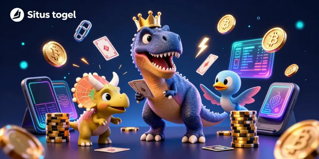 Situs togel visualizes a T-Rex and friends at a vibrant casino, exploring card games and crypto.