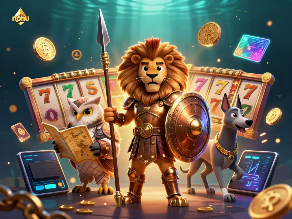 Spin the nohu slots with a heroic lion and vibrant gaming elements in action.