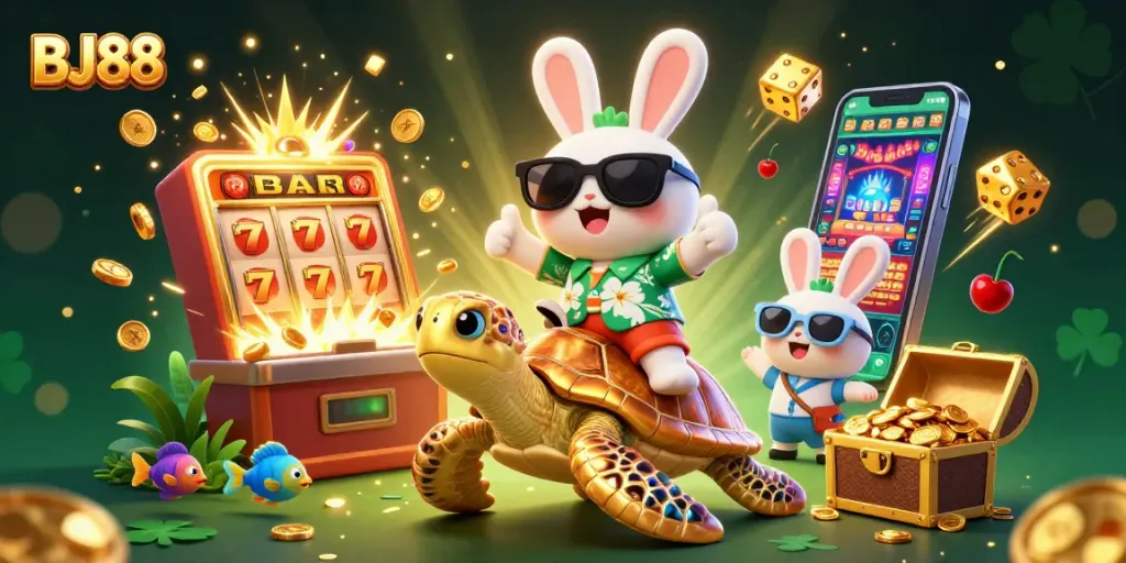 BJ88 interactive casino experience with a lucky rabbit and turtle, bursting slot machine, and vibrant games.