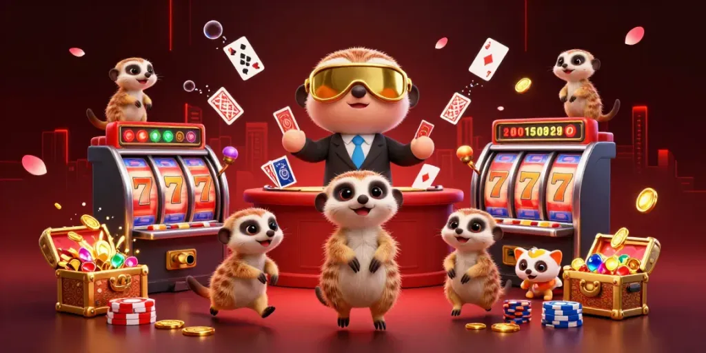 Mẹo Thắng Nhanh in a lush casino visual, showcasing animated meerkats managing games with vibrant cherry blossom details.