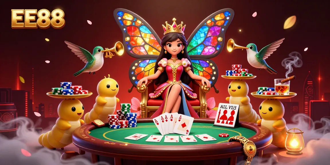 Experience the vibrant allure of EE88 with a butterfly queen amidst poker chips in this captivating gaming scene.