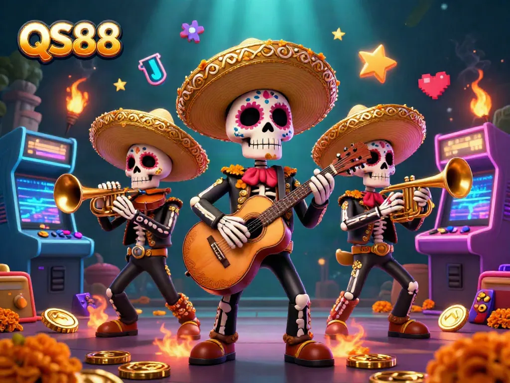 Experience the excitement of QS88 with a vibrant 3D mariachi band amidst dynamic gaming elements.