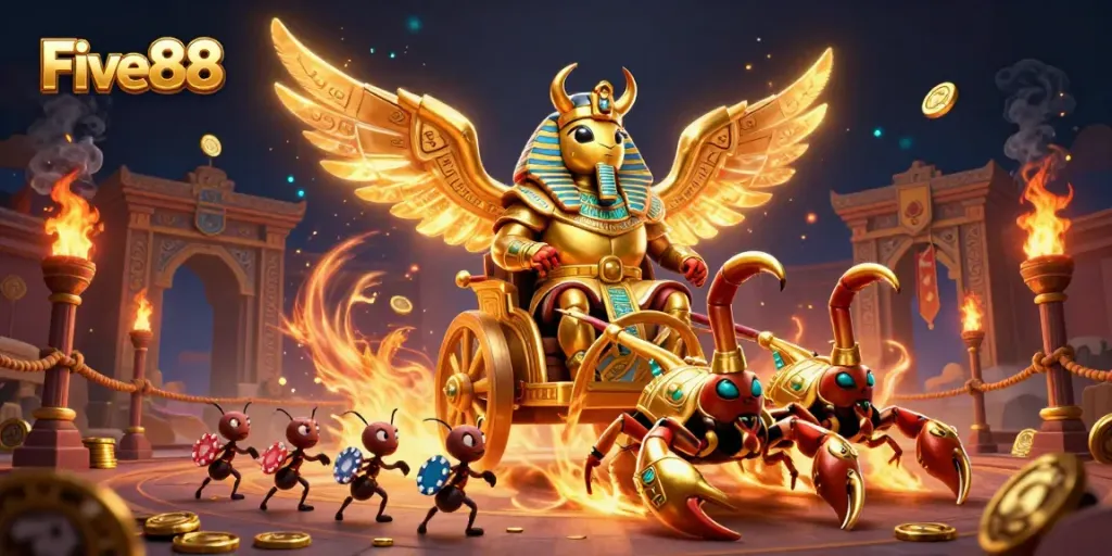 Experience the vibrant excitement of Five88 with a golden scarab beetle and scorpions in a dynamic casino scene.