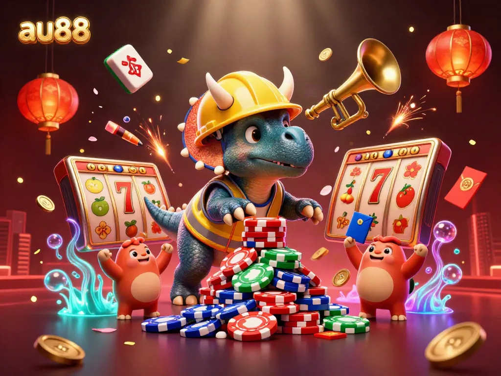 Experience thrilling gameplay with au88's dynamic casino scene, featuring vibrant characters and slot elements.