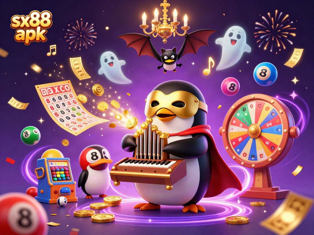 Experience the excitement of sx88 apk with vibrant casino-themed visuals featuring a penguin and animated elements