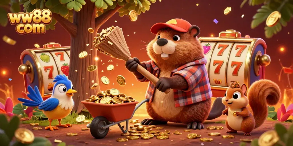Experience excitement with the playful scene of a cartoon beaver in action at ww88 com, immersing in fun casino-themed elements.
