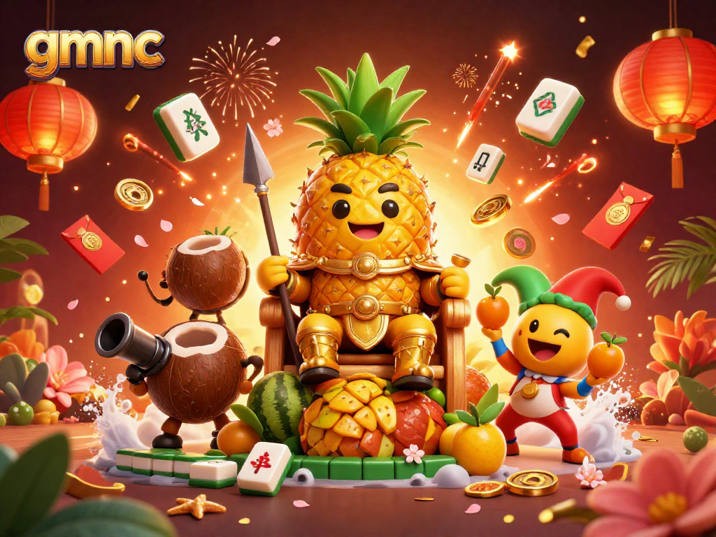 Experience the thrill of gmnc with the golden pineapple king and vibrant casino elements in a dazzling 3D illustration.