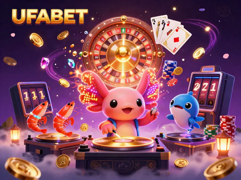 Experience UFABET's thrilling online gaming scene with a vibrant DJ and dynamic characters.