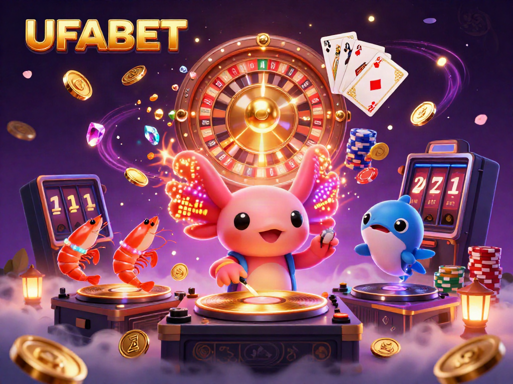 Experience UFABET's thrilling online gaming scene with a vibrant DJ and dynamic characters.