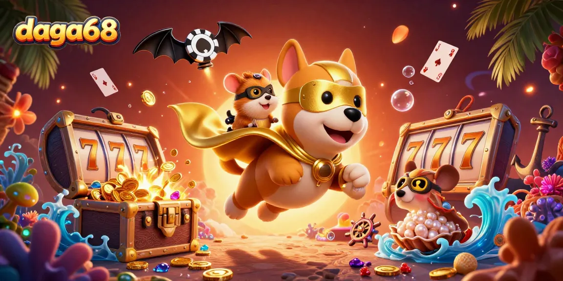 Experience thrilling gaming with daga68, featuring a superhero dog and vibrant casino elements.