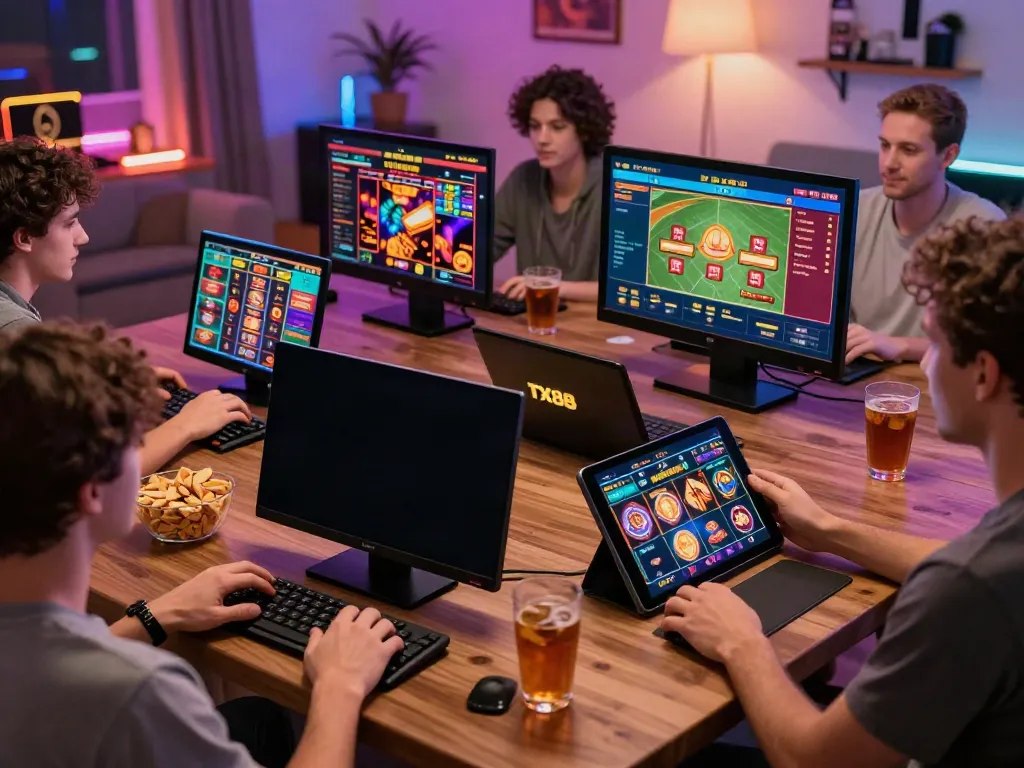 Engaged players enjoying online games at TX88, showcasing vibrant tech setup and a joyful atmosphere.
