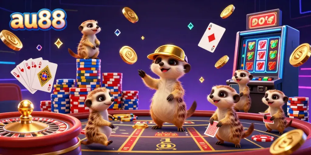 Experience the thrilling casino atmosphere with au88, where cartoon meerkats run the action filled with sparkling coins and vibrant games.
